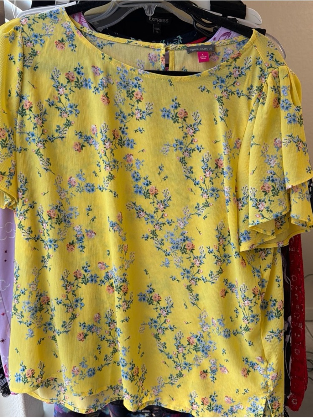 Vince Camuto Bright Yellow Floral Ruffle Sleeve Top